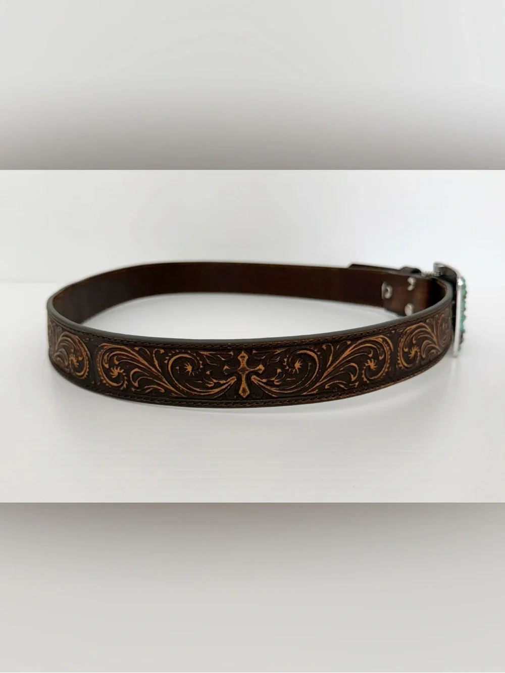 Nocona Leather Women's Nocona Distressed Scroll Triquoise Cross Buckle Belt - L